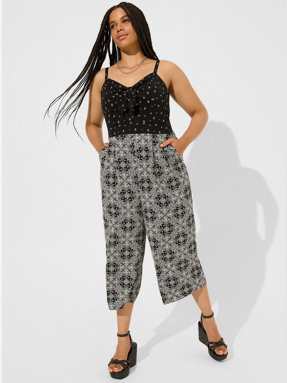 Torrid Tie Front Culotte Jumpsuit Stretch Challis Black | 0X / Large